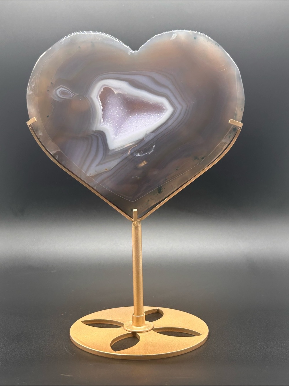 Heart Shaped Agate Geode Display in Brown and Cream on Gold Stand